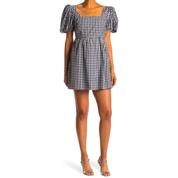 Abound Black White Gingham Checked Puff Sleeve Ruched Back Mini Dress Size M - Picture 1 of 11